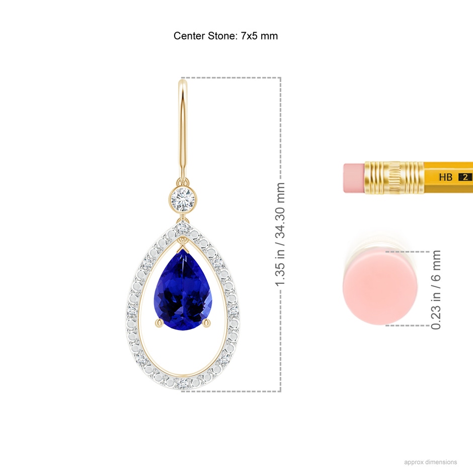 7x5mm AAAA Pear Tanzanite Fish Hook Dangle Earrings with Diamond in Yellow Gold ruler