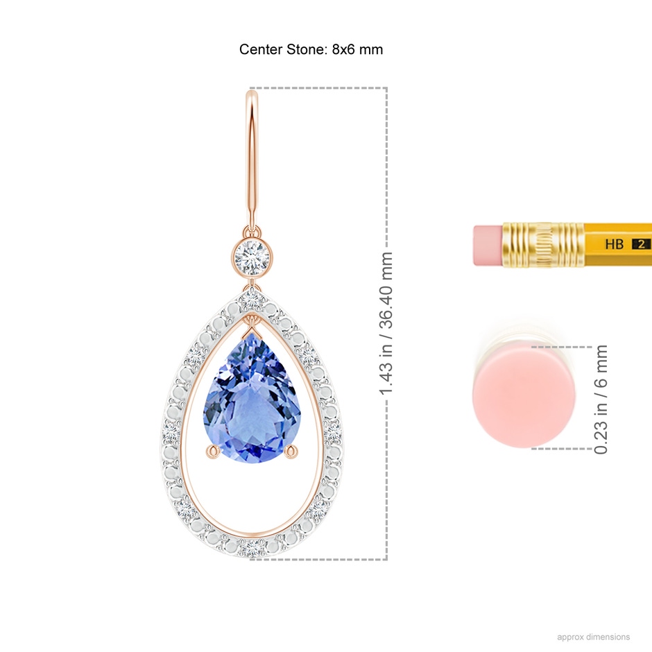 8x6mm A Pear Tanzanite Fish Hook Dangle Earrings with Diamond in Rose Gold ruler
