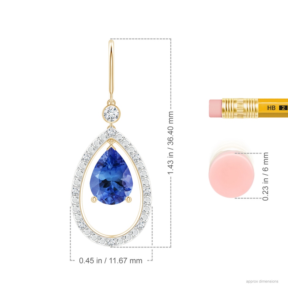 8x6mm AA Pear Tanzanite Fish Hook Dangle Earrings with Diamond in Yellow Gold ruler