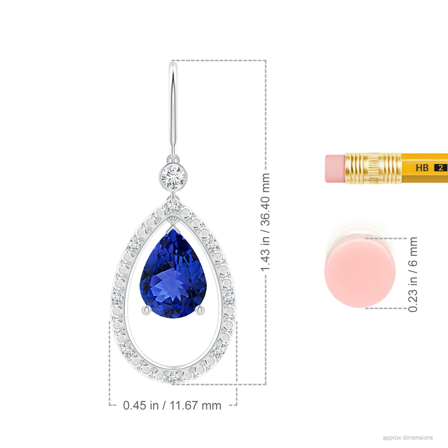 8x6mm AAA Pear Tanzanite Fish Hook Dangle Earrings with Diamond in White Gold - ruler