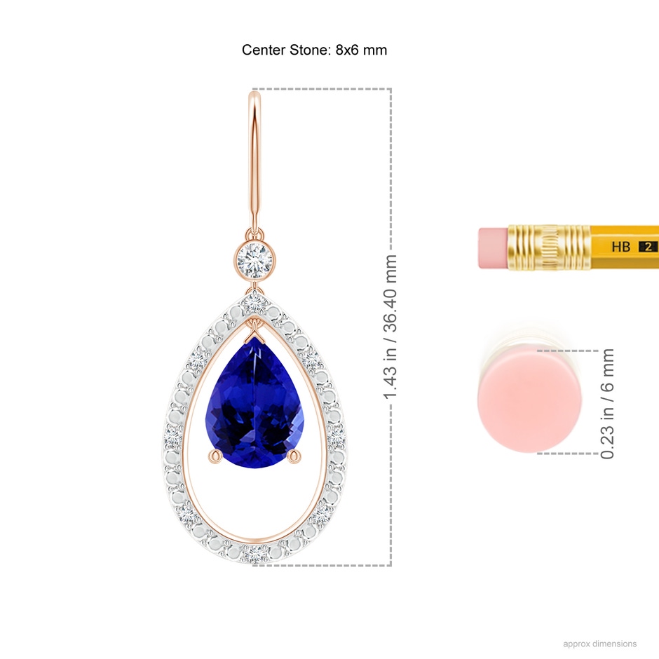 8x6mm AAAA Pear Tanzanite Fish Hook Dangle Earrings with Diamond in Rose Gold ruler