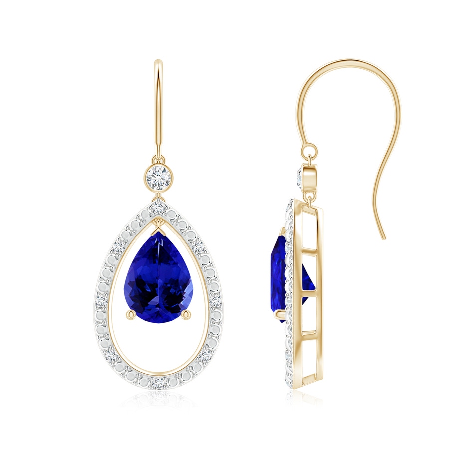 8x6mm AAAA Pear Tanzanite Fish Hook Dangle Earrings with Diamond in Yellow Gold 