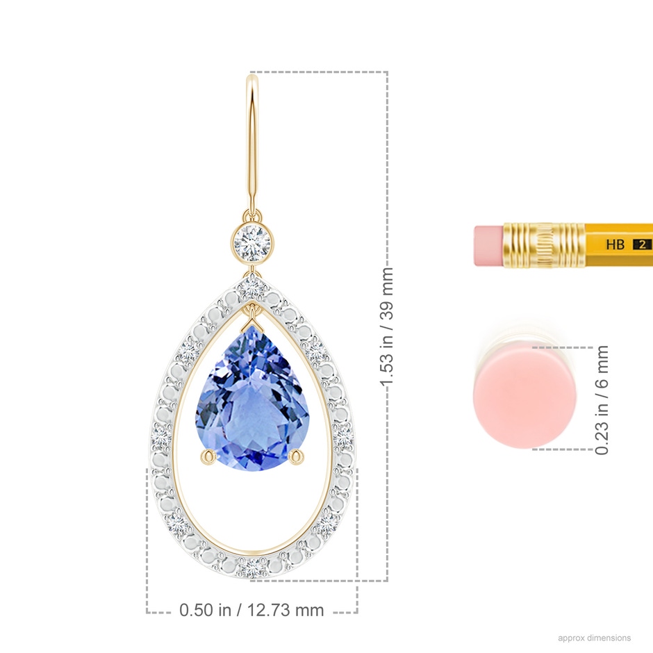 9x7mm A Pear Tanzanite Fish Hook Dangle Earrings with Diamond in 18K Yellow Gold ruler