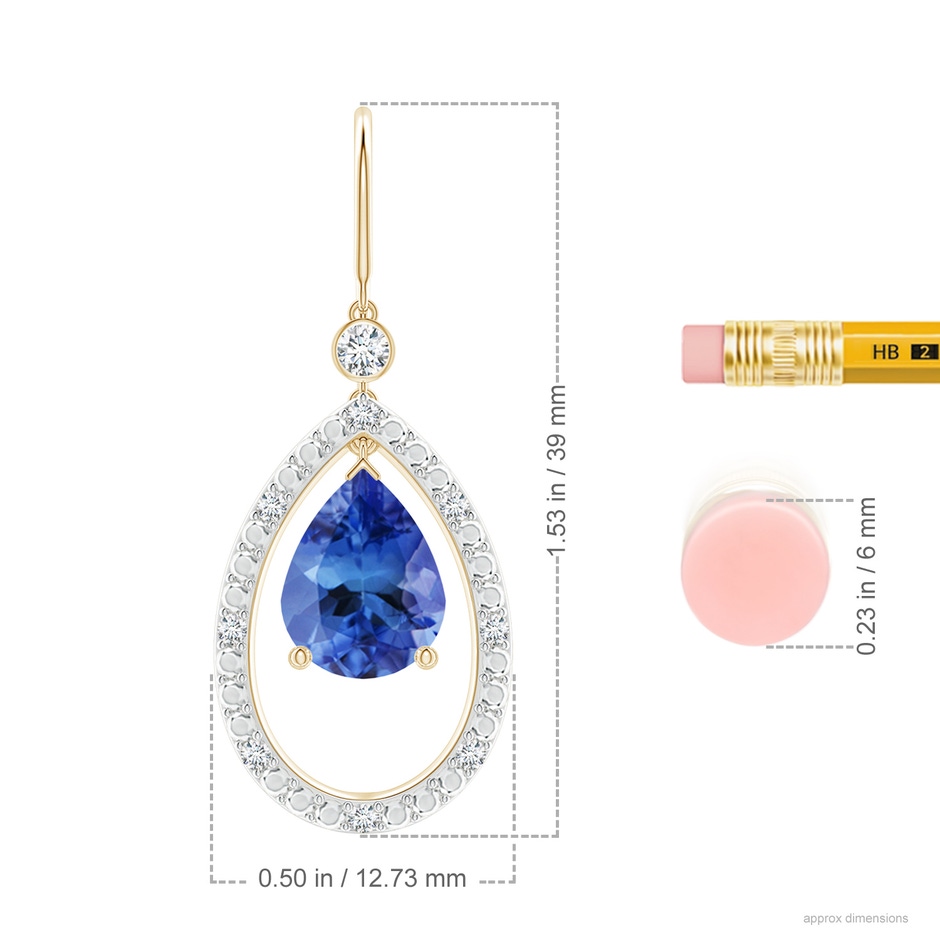 9x7mm AA Pear Tanzanite Fish Hook Dangle Earrings with Diamond in Yellow Gold ruler