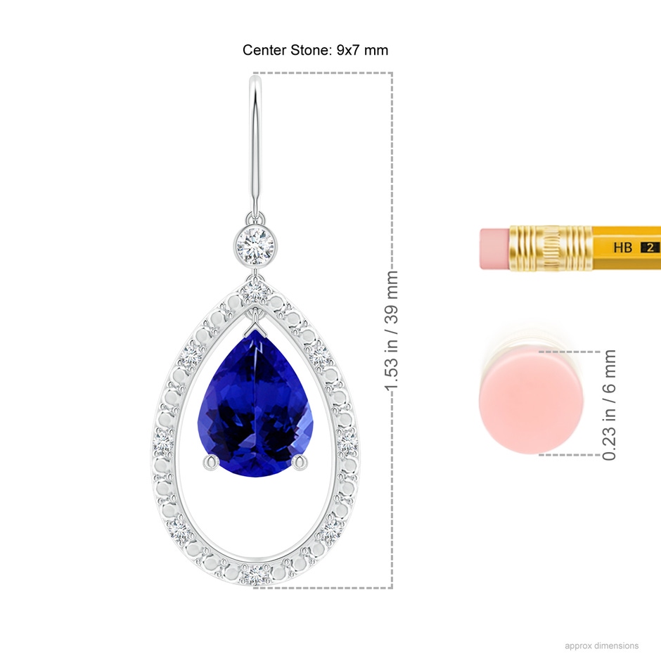 9x7mm AAAA Pear Tanzanite Fish Hook Dangle Earrings with Diamond in P950 Platinum ruler