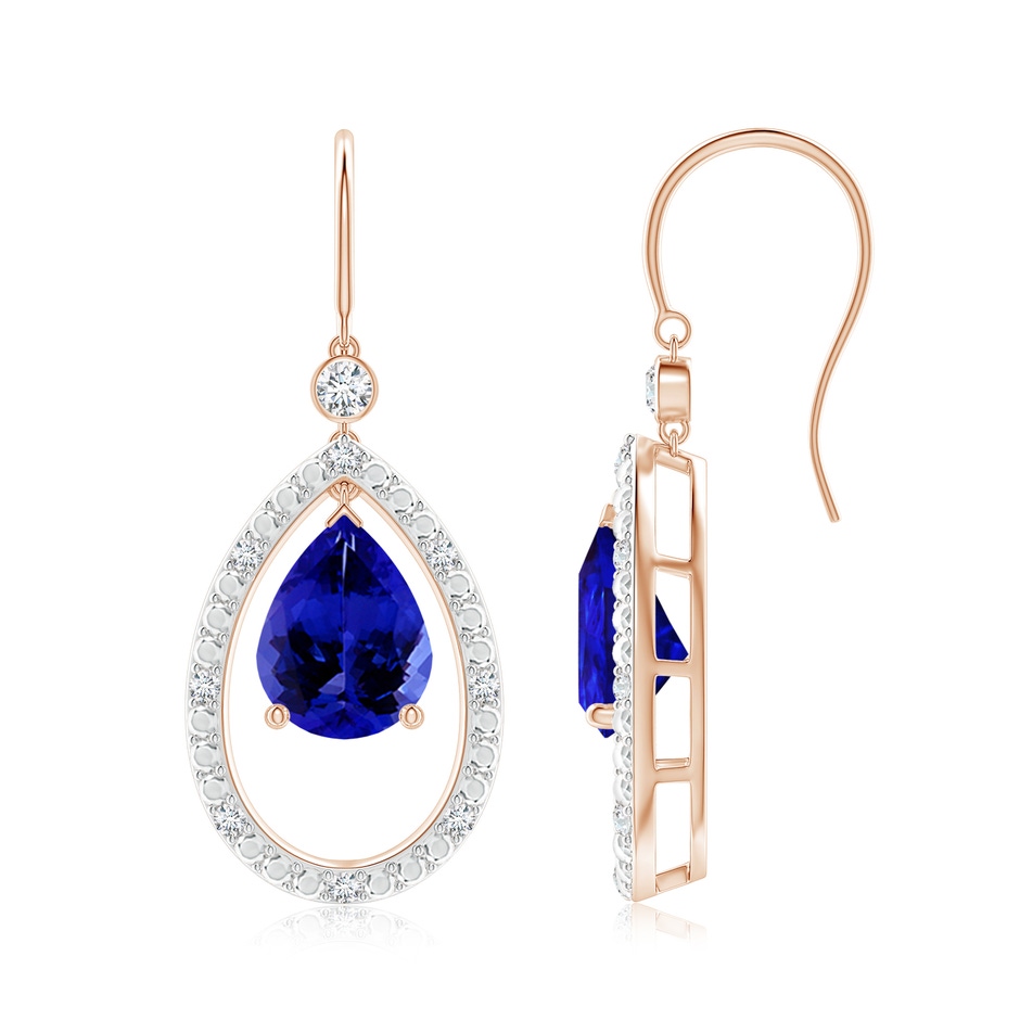 9x7mm AAAA Pear Tanzanite Fish Hook Dangle Earrings with Diamond in Rose Gold 