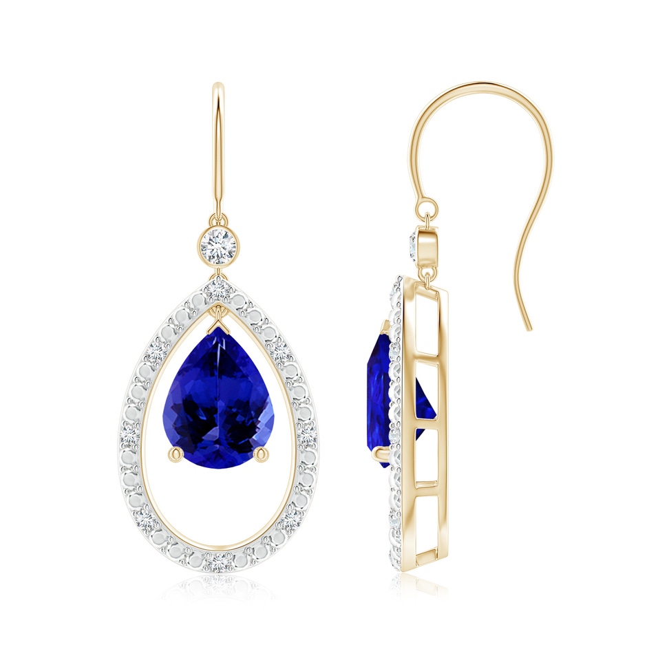 9x7mm AAAA Pear Tanzanite Fish Hook Dangle Earrings with Diamond in Yellow Gold 