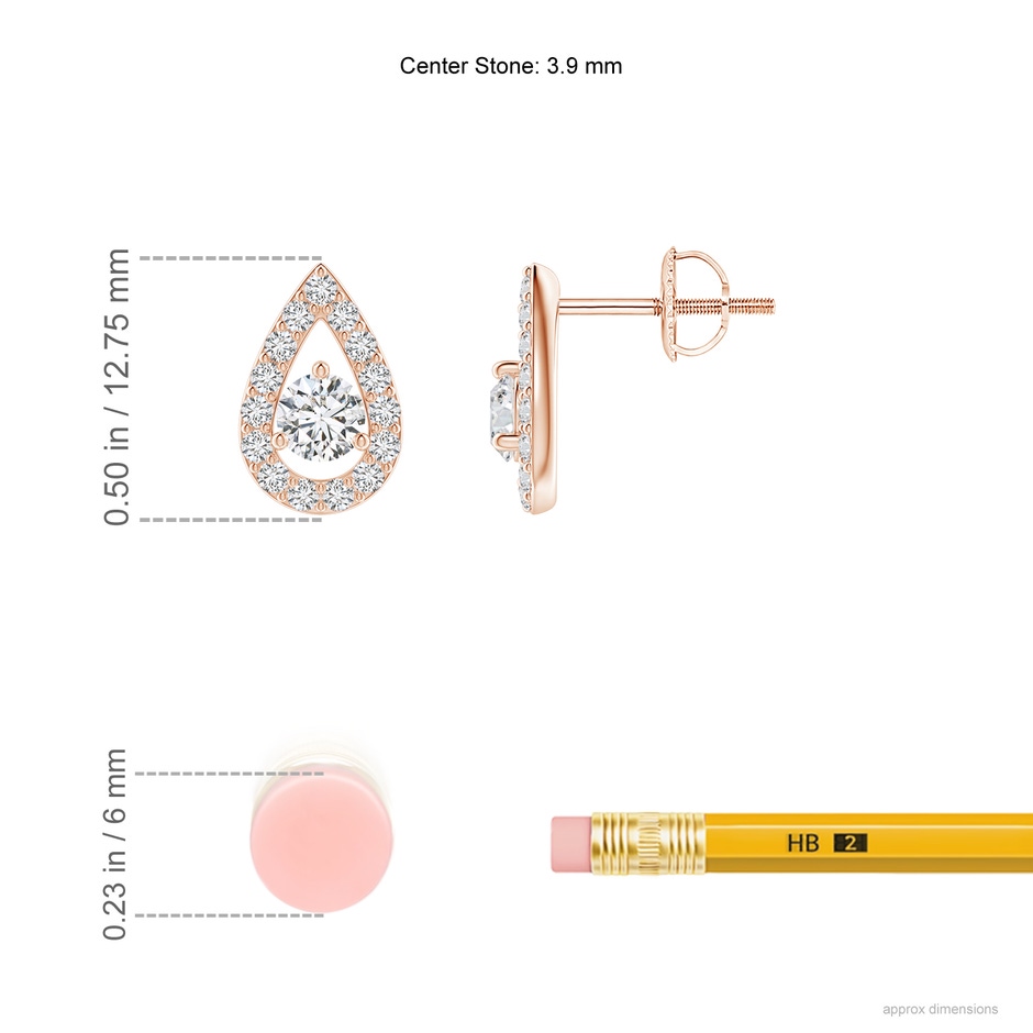 3.9mm HSI2 Round Diamond Pear Halo Stud Earrings in Rose Gold ruler