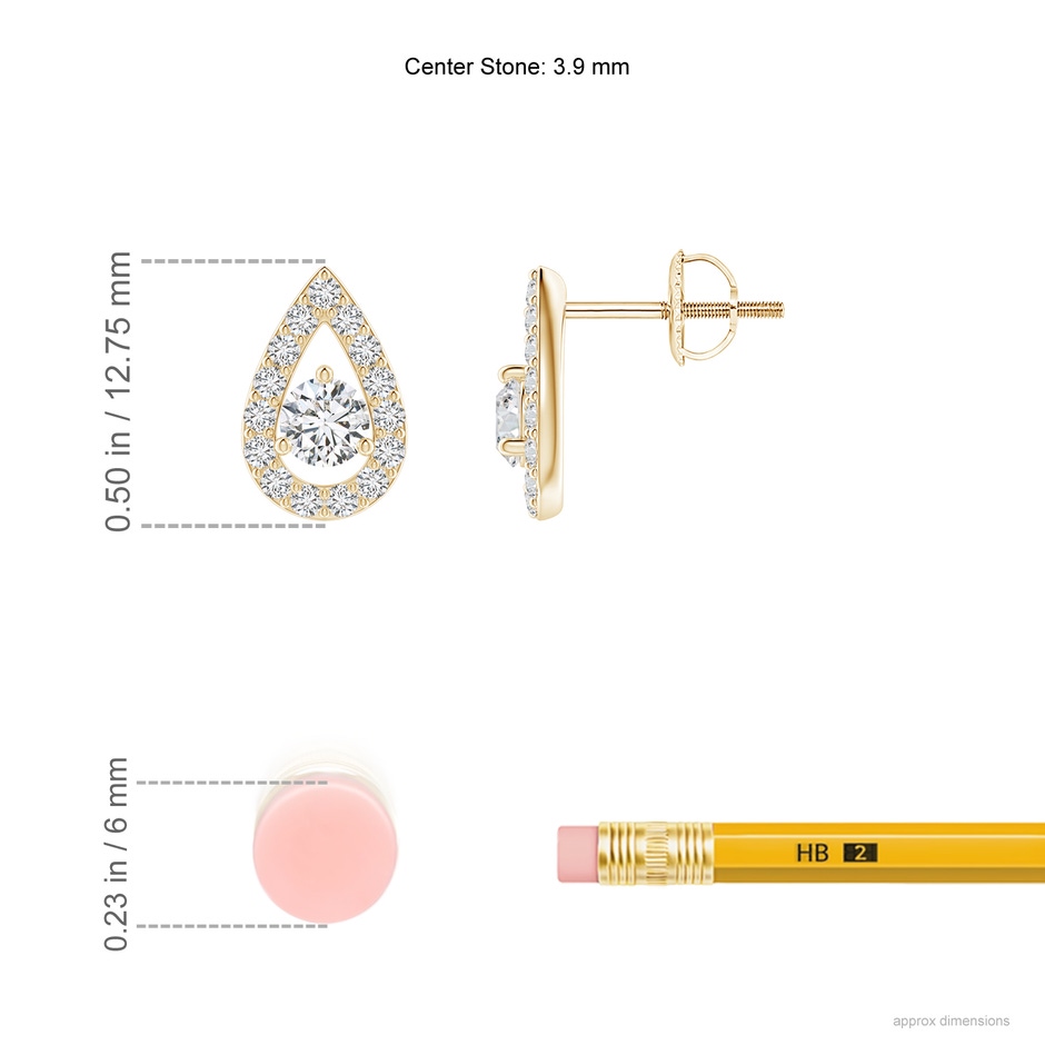 3.9mm HSI2 Round Diamond Pear Halo Stud Earrings in Yellow Gold ruler