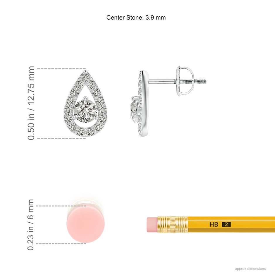 3.9mm KI3 Round Diamond Pear Halo Stud Earrings in White Gold ruler