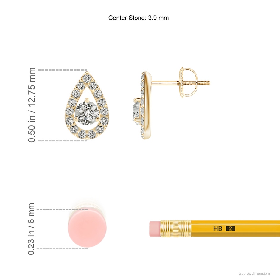3.9mm KI3 Round Diamond Pear Halo Stud Earrings in Yellow Gold ruler