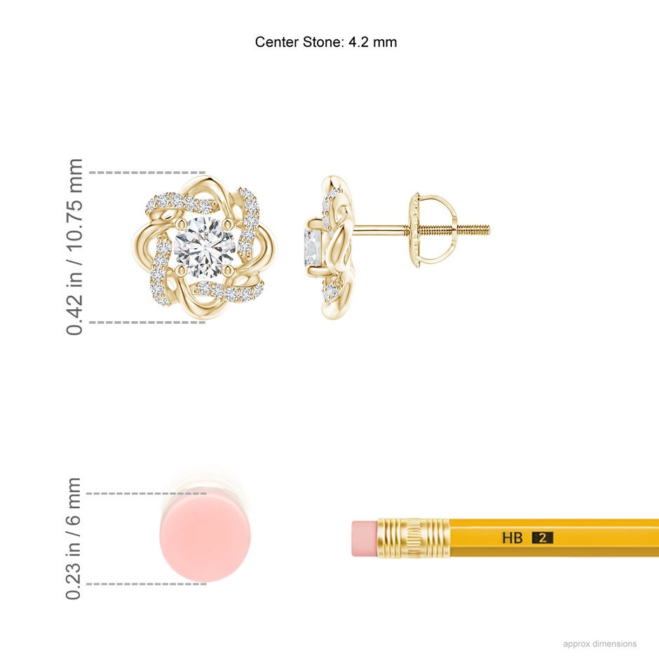 4.2mm HSI2 Round Diamond Knot Halo Stud Earrings in Yellow Gold ruler