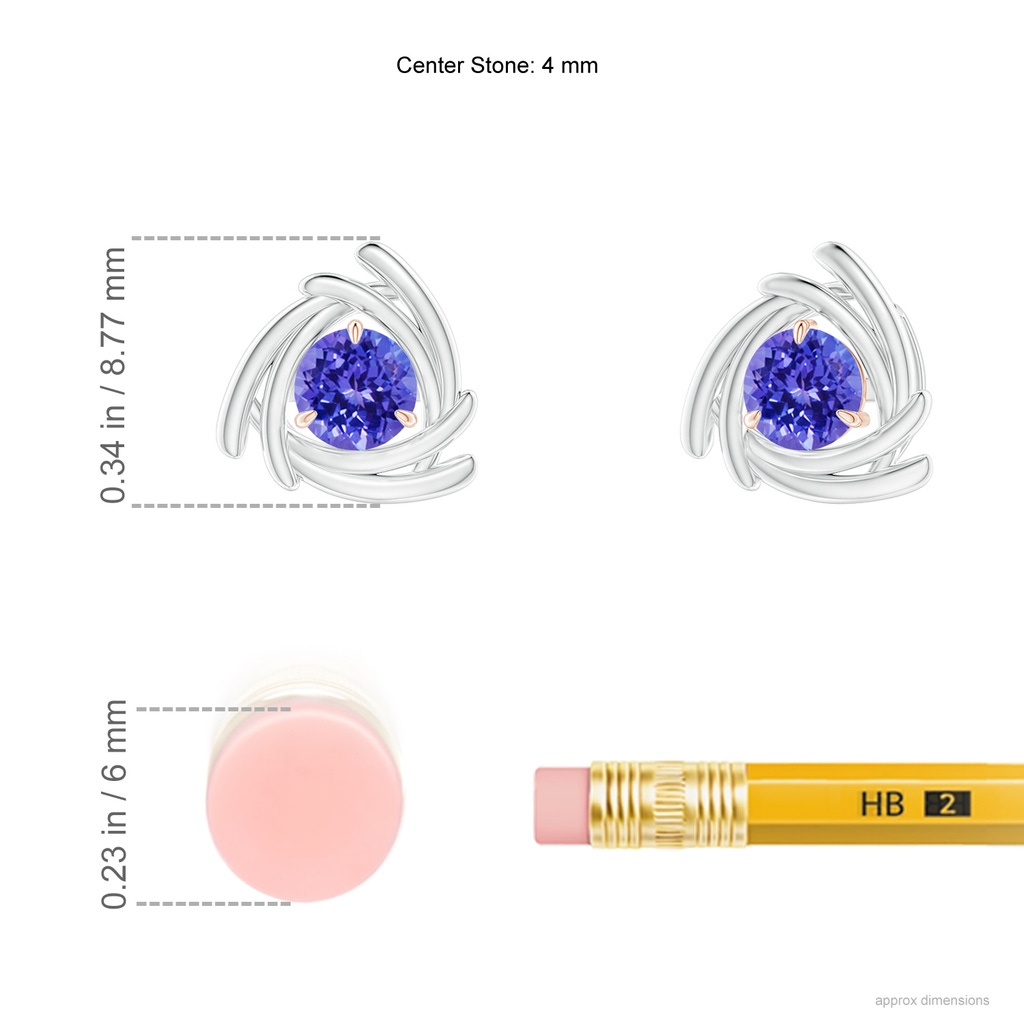 4mm AAAA Round Tanzanite Trillion Wrap Studs in White Gold Rose Gold Ruler