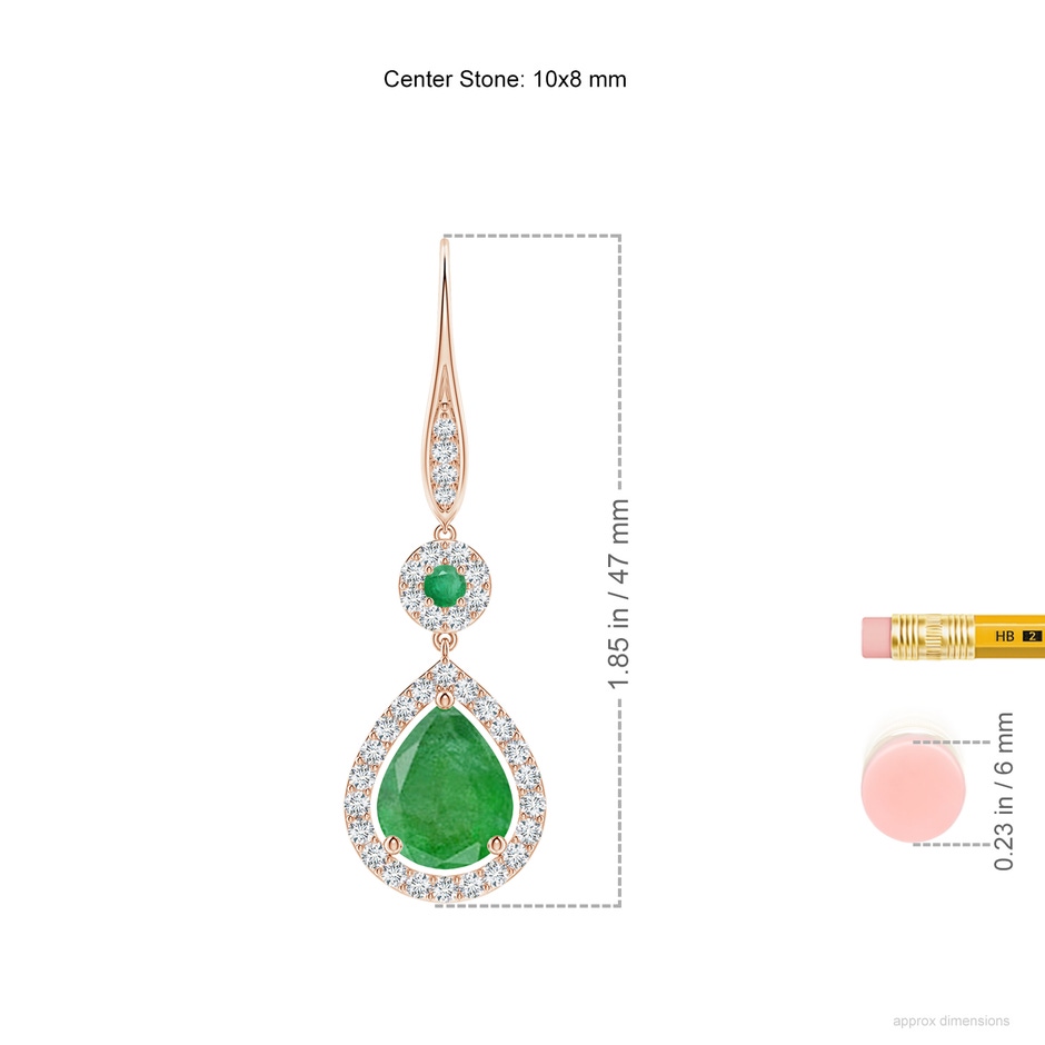 10x8mm A Round and Pear Emerald Halo Leverback Earrings in Rose Gold ruler