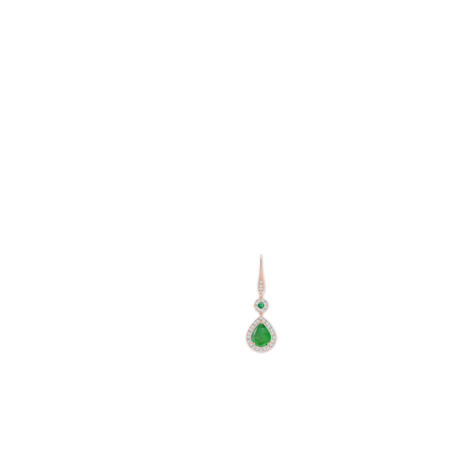 10x8mm A Round and Pear Emerald Halo Leverback Earrings in Rose Gold ear