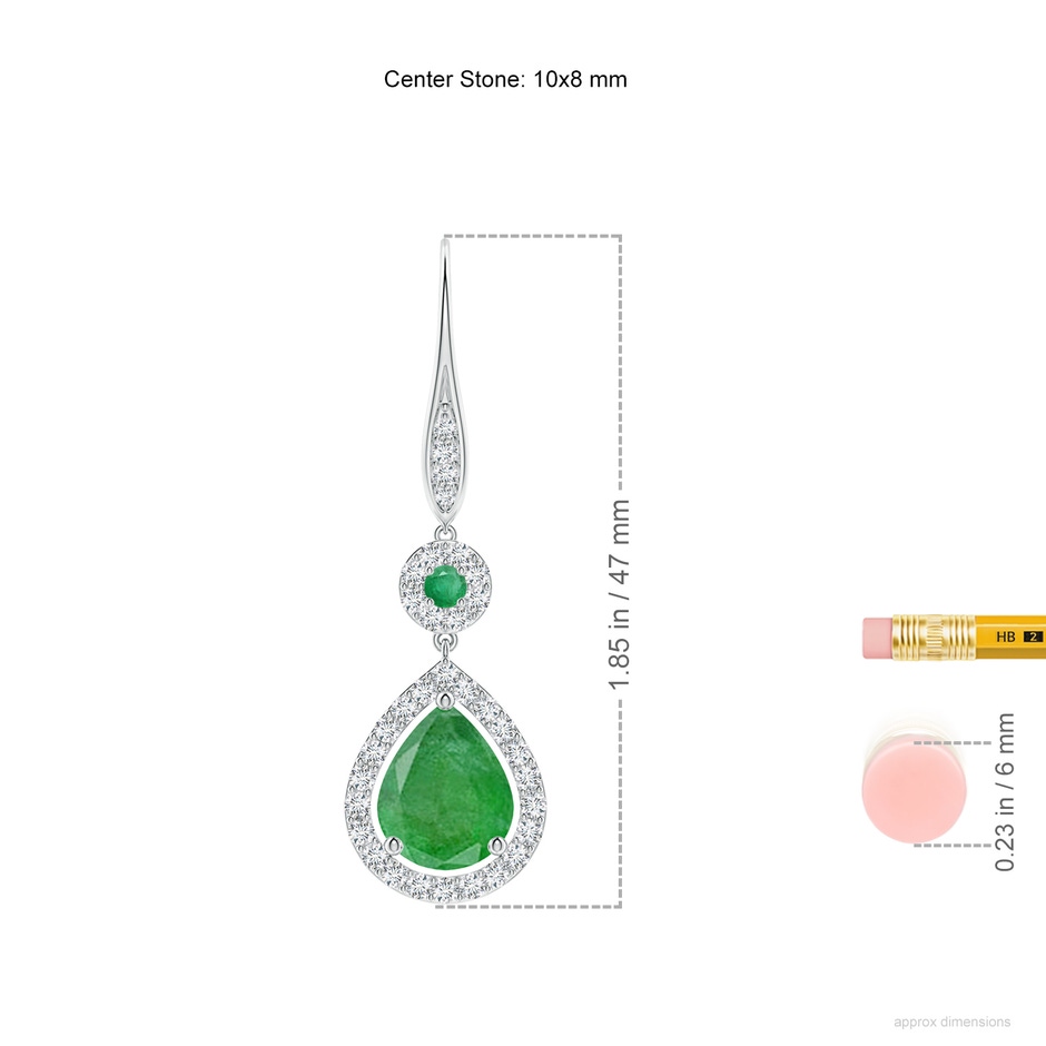 10x8mm A Round and Pear Emerald Halo Leverback Earrings in White Gold ruler