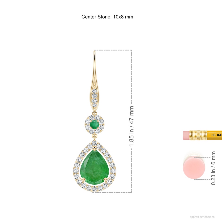 10x8mm A Round and Pear Emerald Halo Leverback Earrings in Yellow Gold ruler