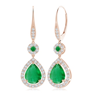 10x8mm AA Round and Pear Emerald Halo Leverback Earrings in 18K Rose Gold