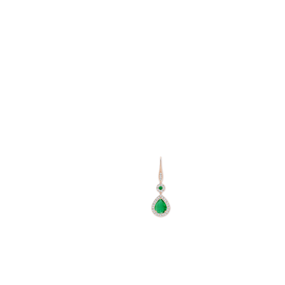 10x8mm AA Round and Pear Emerald Halo Leverback Earrings in 18K Rose Gold ear