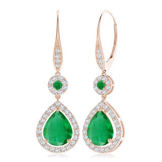 10x8mm AA Round and Pear Emerald Halo Leverback Earrings in 9K Rose Gold