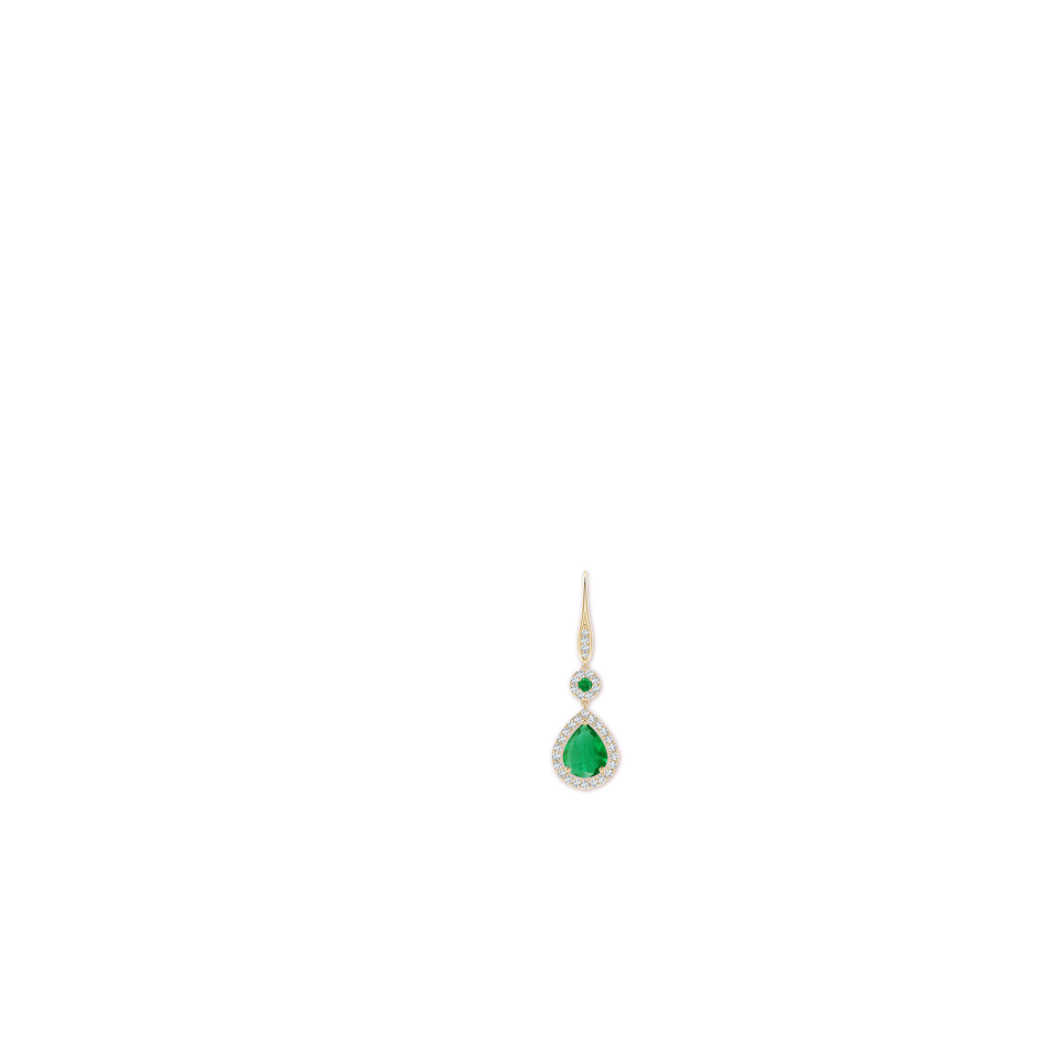 10x8mm AA Round and Pear Emerald Halo Leverback Earrings in Yellow Gold ear