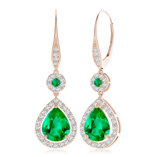 10x8mm AAA Round and Pear Emerald Halo Leverback Earrings in 18K Rose Gold