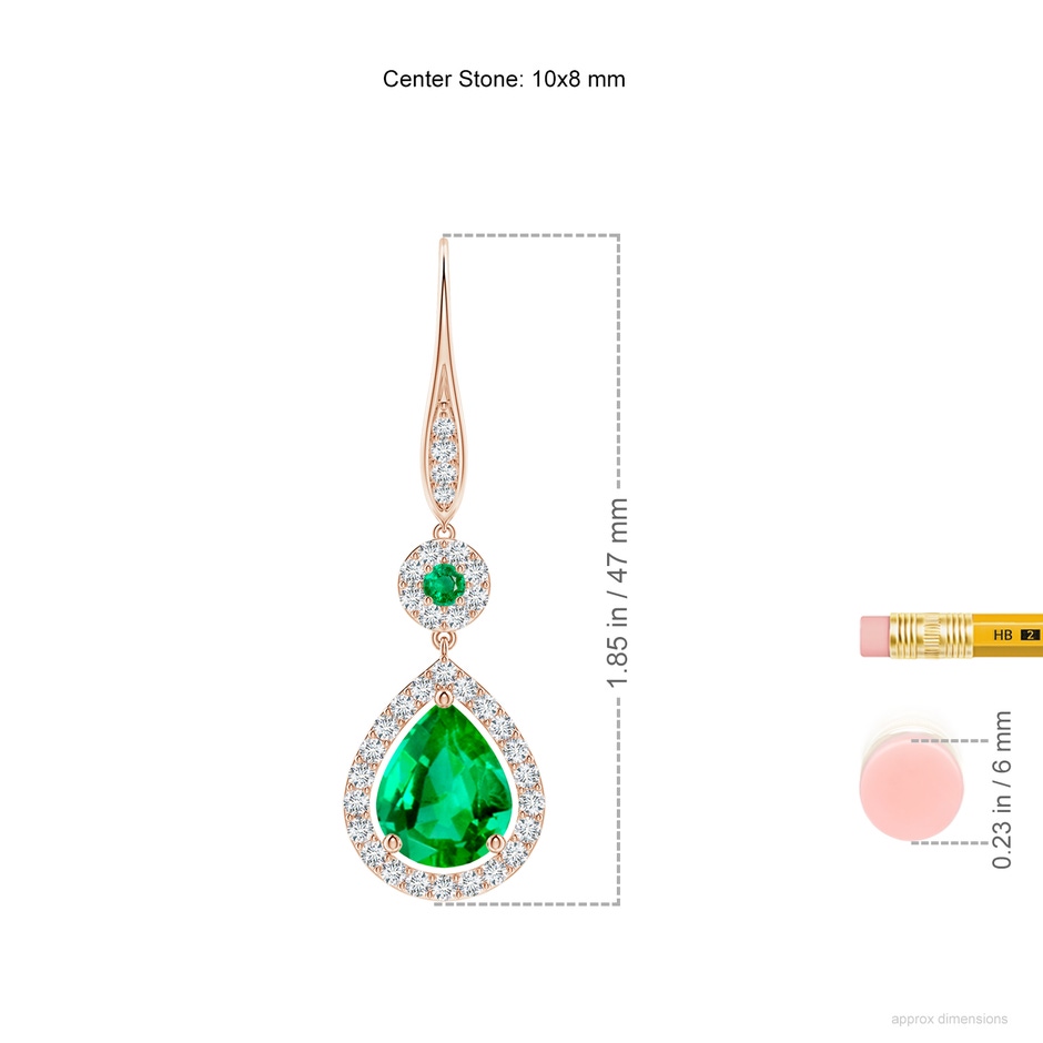 10x8mm AAA Round and Pear Emerald Halo Leverback Earrings in 18K Rose Gold ruler