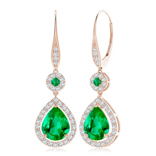 10x8mm AAA Round and Pear Emerald Halo Leverback Earrings in Rose Gold