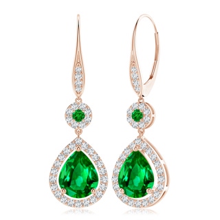 10x8mm AAAA Round and Pear Emerald Halo Leverback Earrings in 18K Rose Gold