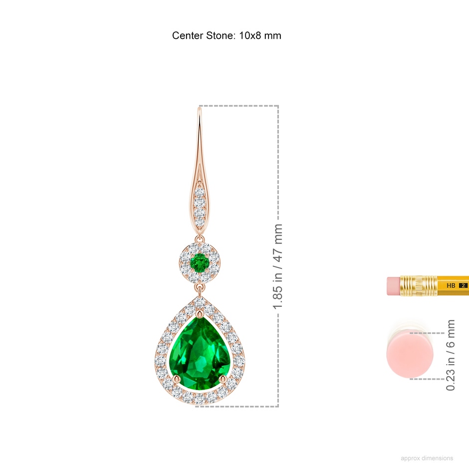 10x8mm AAAA Round and Pear Emerald Halo Leverback Earrings in Rose Gold ruler