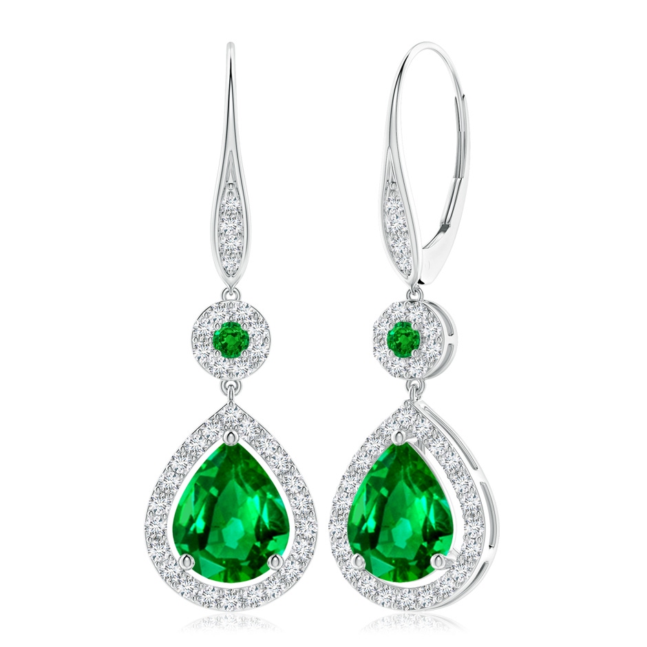 10x8mm AAAA Round and Pear Emerald Halo Leverback Earrings in White Gold 