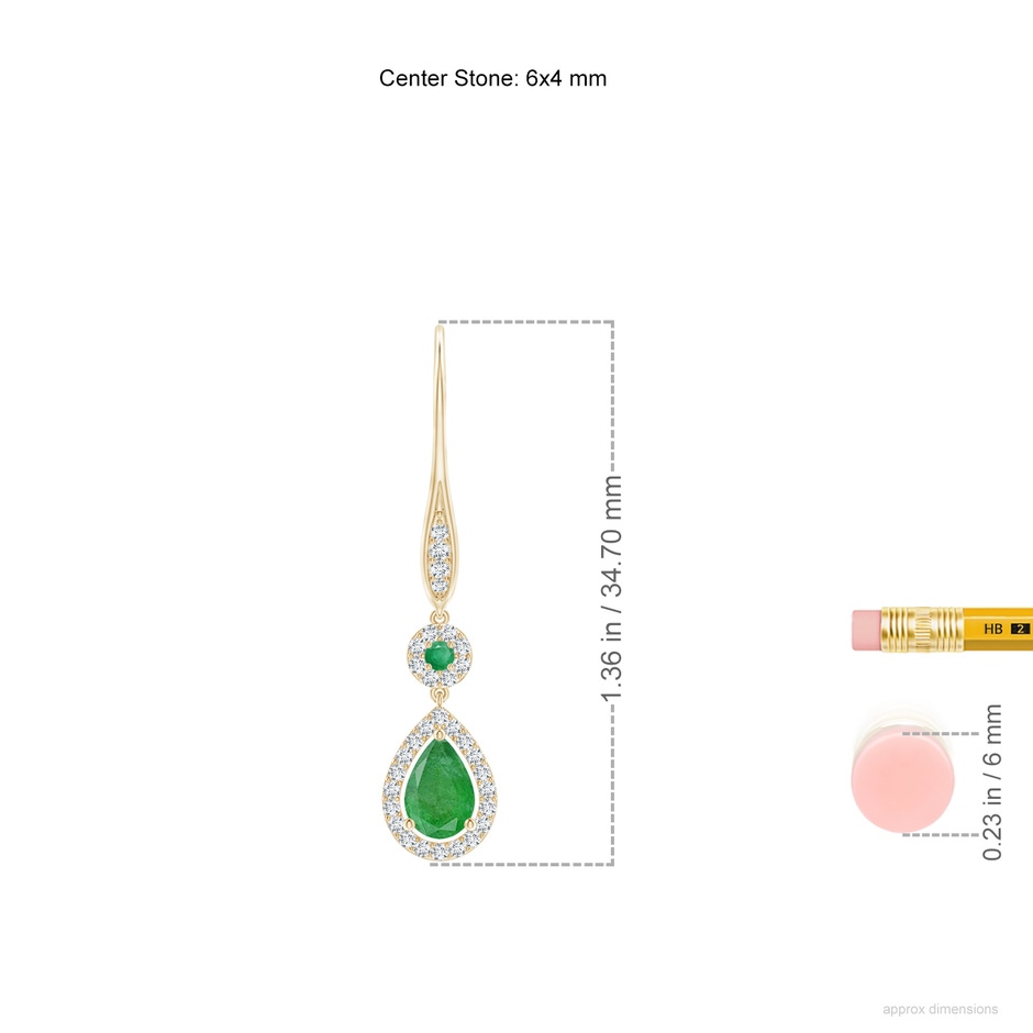 6x4mm A Round and Pear Emerald Halo Leverback Earrings in Yellow Gold ruler