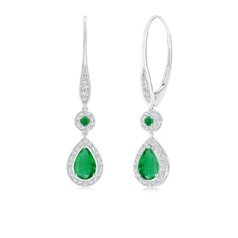 6x4mm AA Round and Pear Emerald Halo Leverback Earrings in White Gold