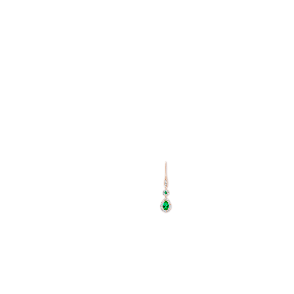 6x4mm AAA Round and Pear Emerald Halo Leverback Earrings in 18K Rose Gold ear