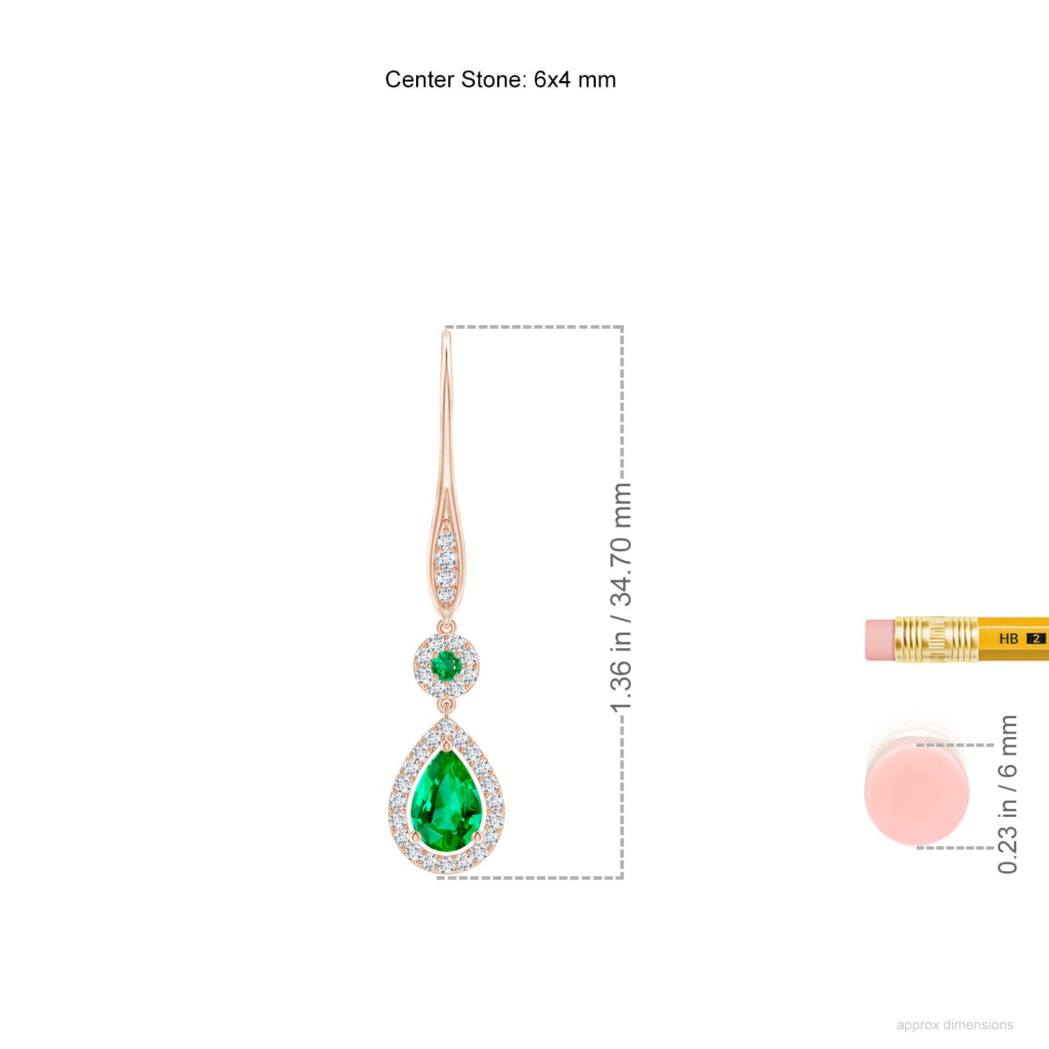 6x4mm AAA Round and Pear Emerald Halo Leverback Earrings in Rose Gold - ruler