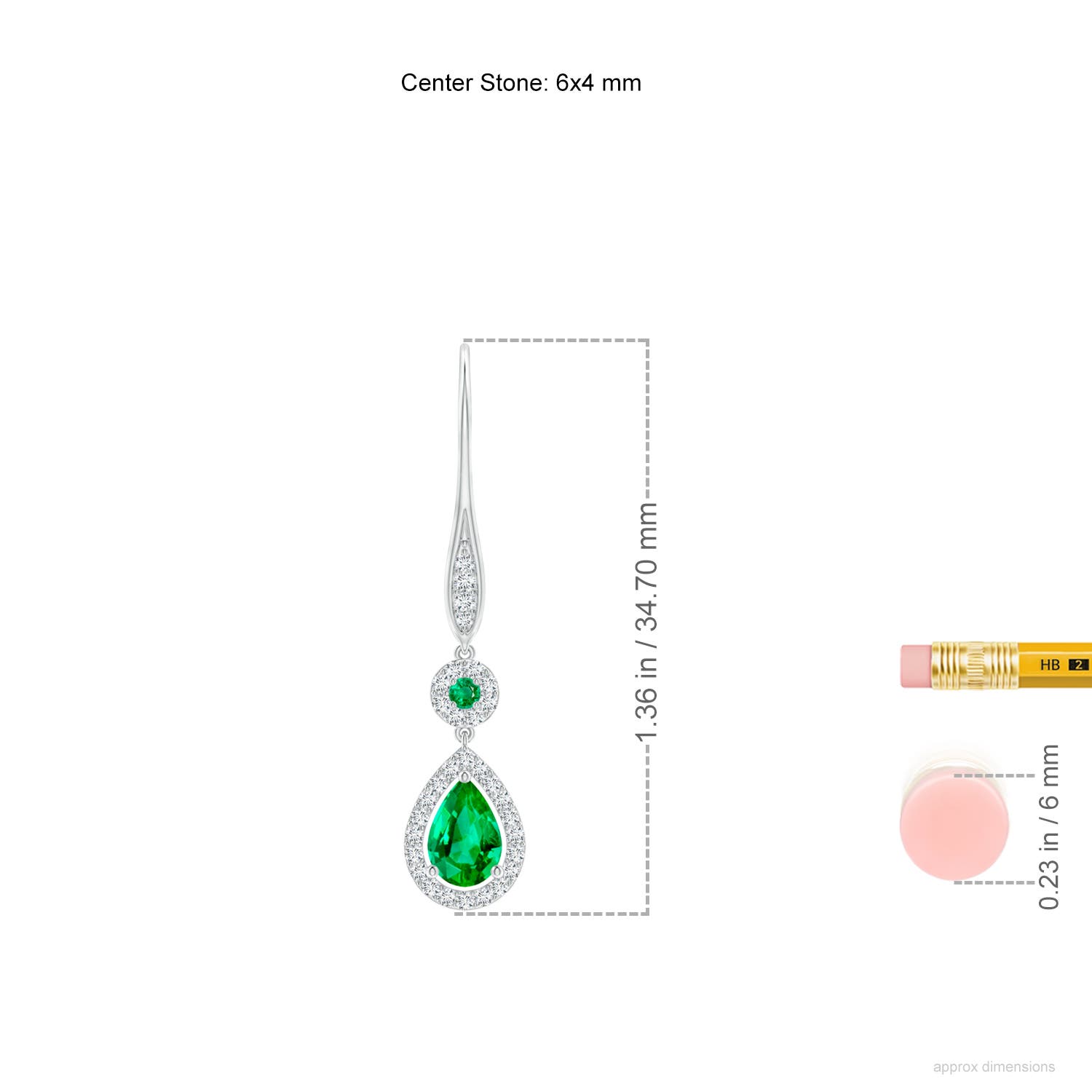 6x4mm AAA Round and Pear Emerald Halo Leverback Earrings in White Gold - ruler