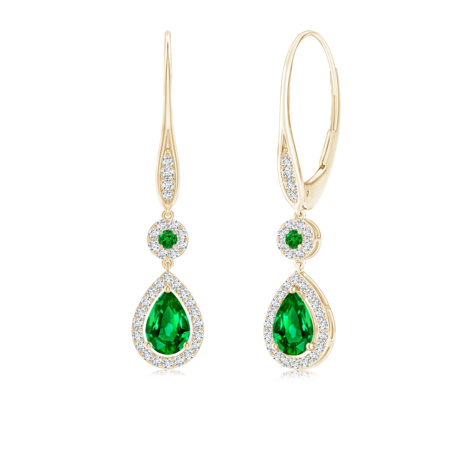 6x4mm AAAA Round and Pear Emerald Halo Leverback Earrings in 9K Yellow Gold 
