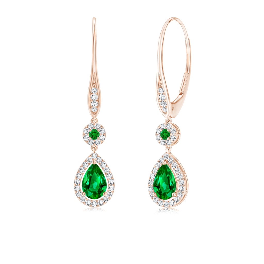 6x4mm AAAA Round and Pear Emerald Halo Leverback Earrings in Rose Gold