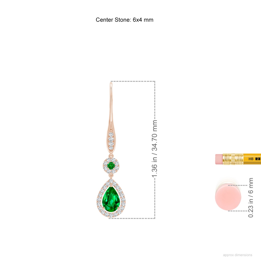 6x4mm AAAA Round and Pear Emerald Halo Leverback Earrings in Rose Gold ruler