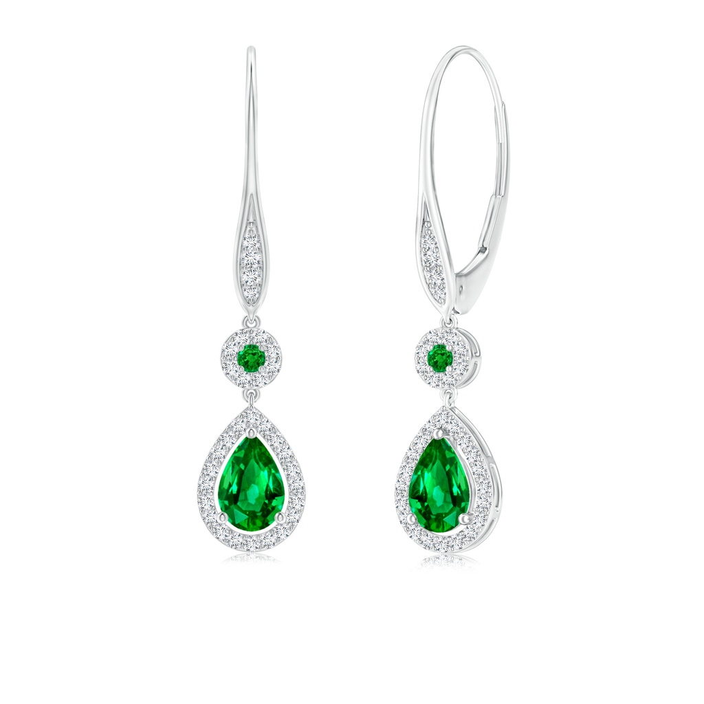 6x4mm AAAA Round and Pear Emerald Halo Leverback Earrings in White Gold