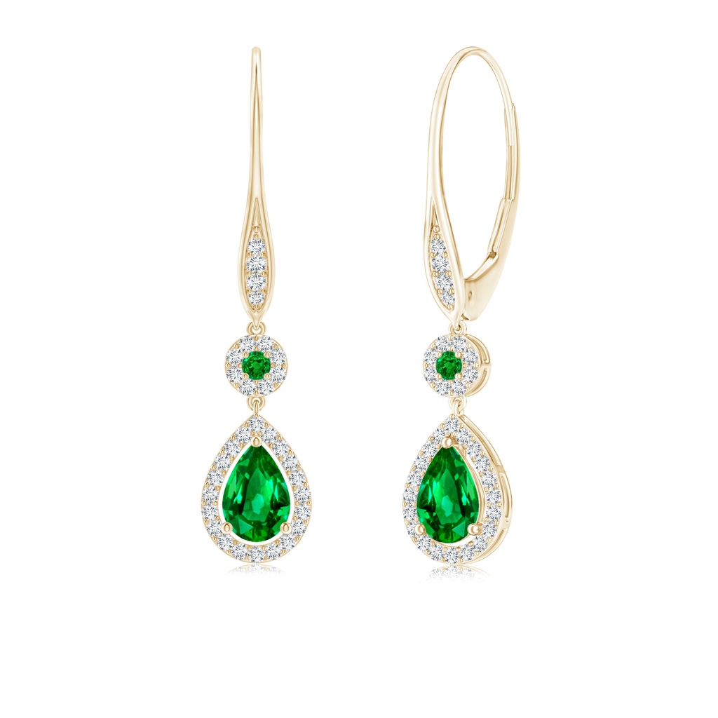 6x4mm AAAA Round and Pear Emerald Halo Leverback Earrings in Yellow Gold