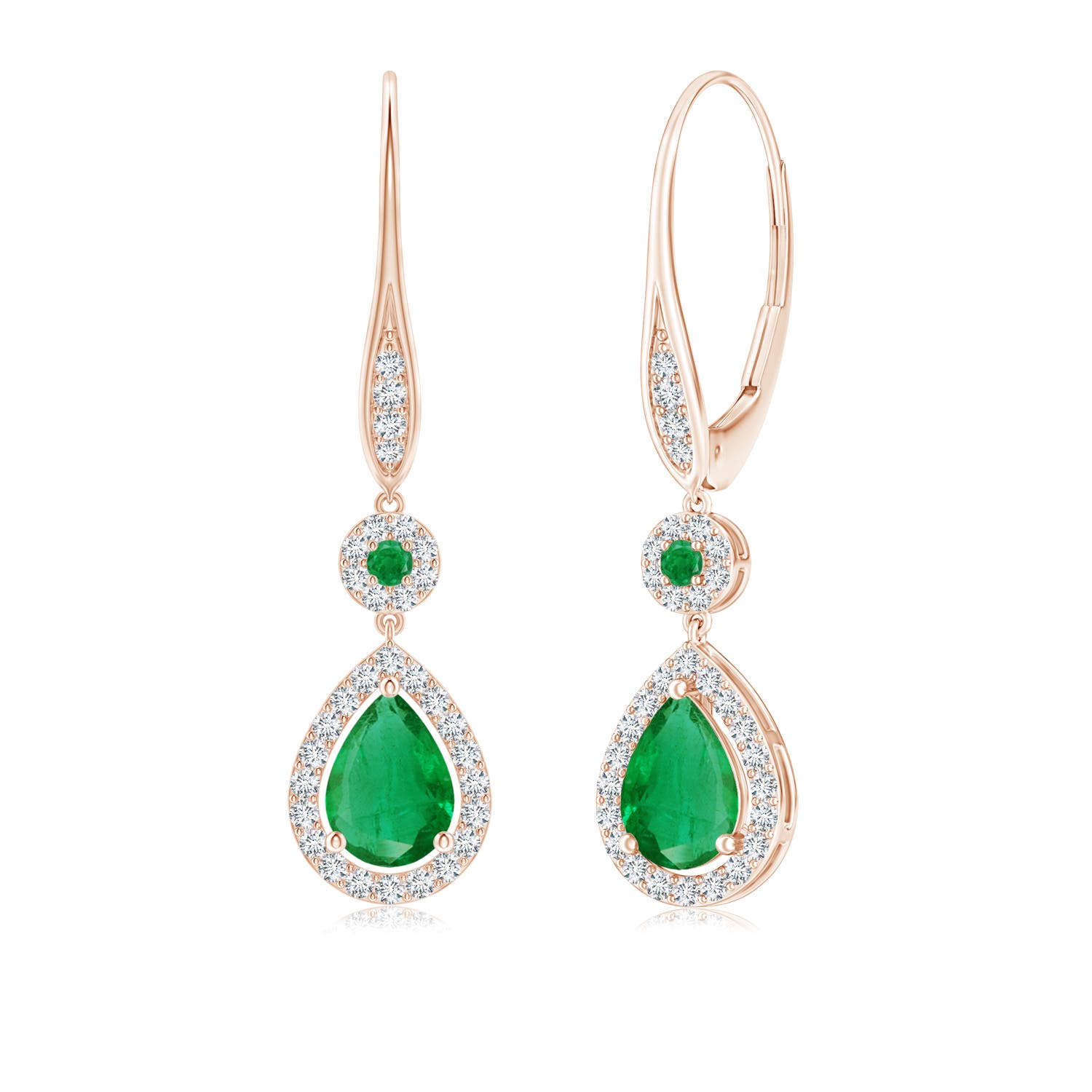7x5mm AA Round and Pear Emerald Halo Leverback Earrings in 18CT Rose Gold