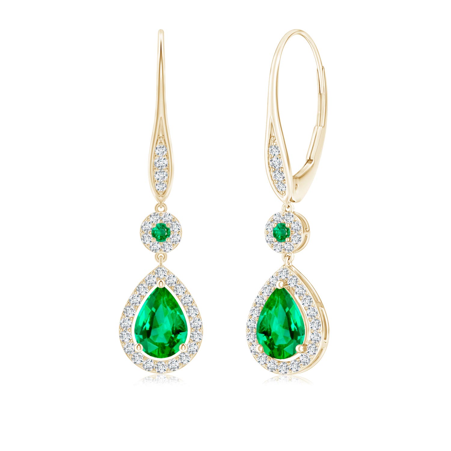 7x5mm AAA Round and Pear Emerald Halo Leverback Earrings in 18K Yellow Gold