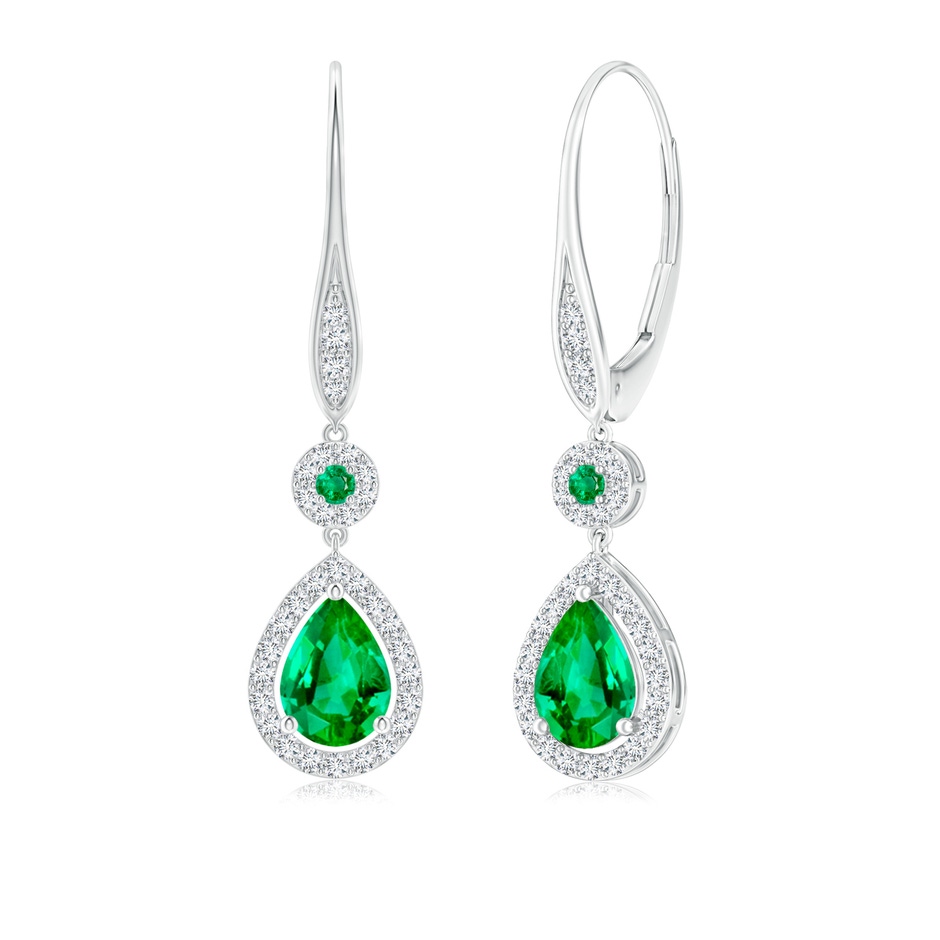 7x5mm AAA Round and Pear Emerald Halo Leverback Earrings in White Gold 