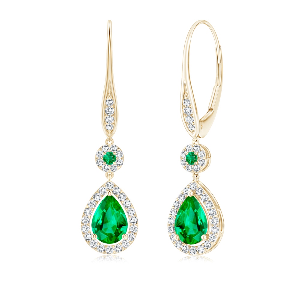 7x5mm AAA Round and Pear Emerald Halo Leverback Earrings in Yellow Gold
