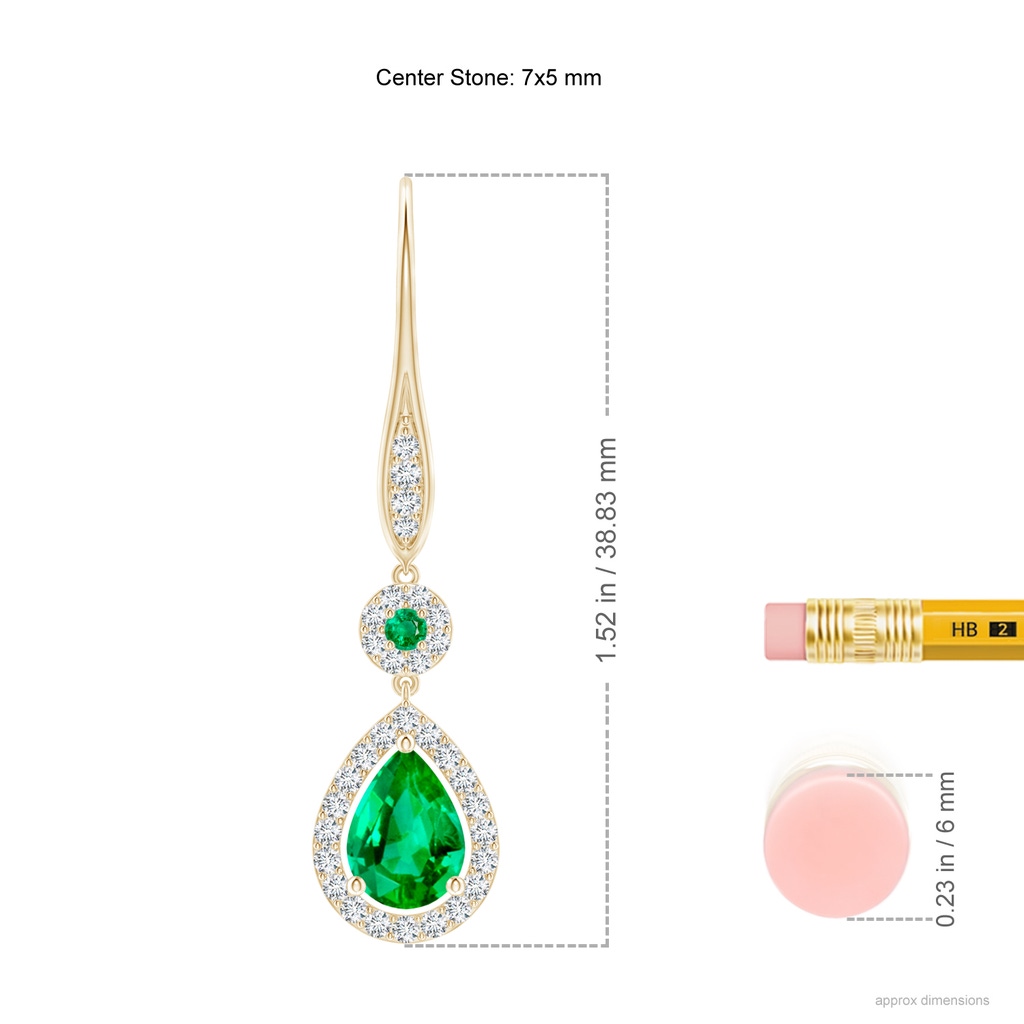 7x5mm AAA Round and Pear Emerald Halo Leverback Earrings in Yellow Gold Ruler