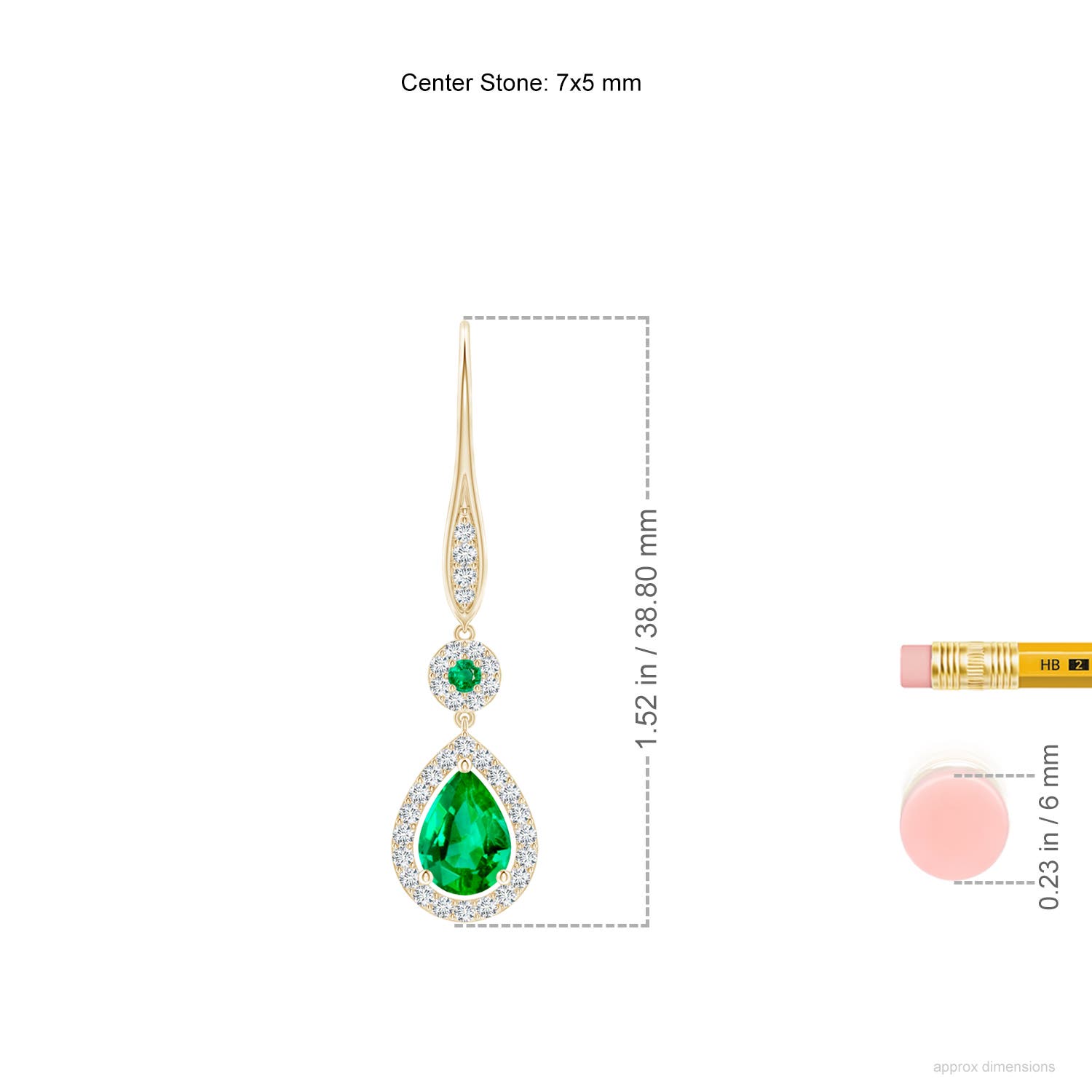 7x5mm AAA Round and Pear Emerald Halo Leverback Earrings in Yellow Gold - ruler