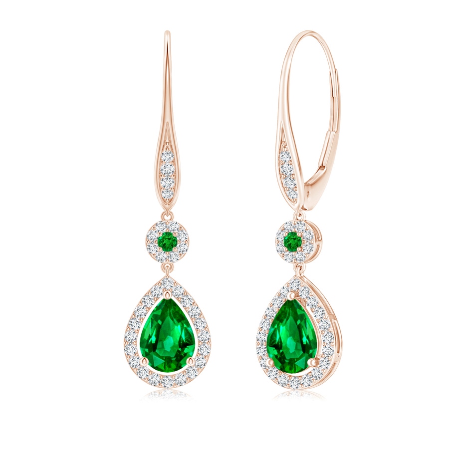 7x5mm AAAA Round and Pear Emerald Halo Leverback Earrings in 18K Rose Gold 