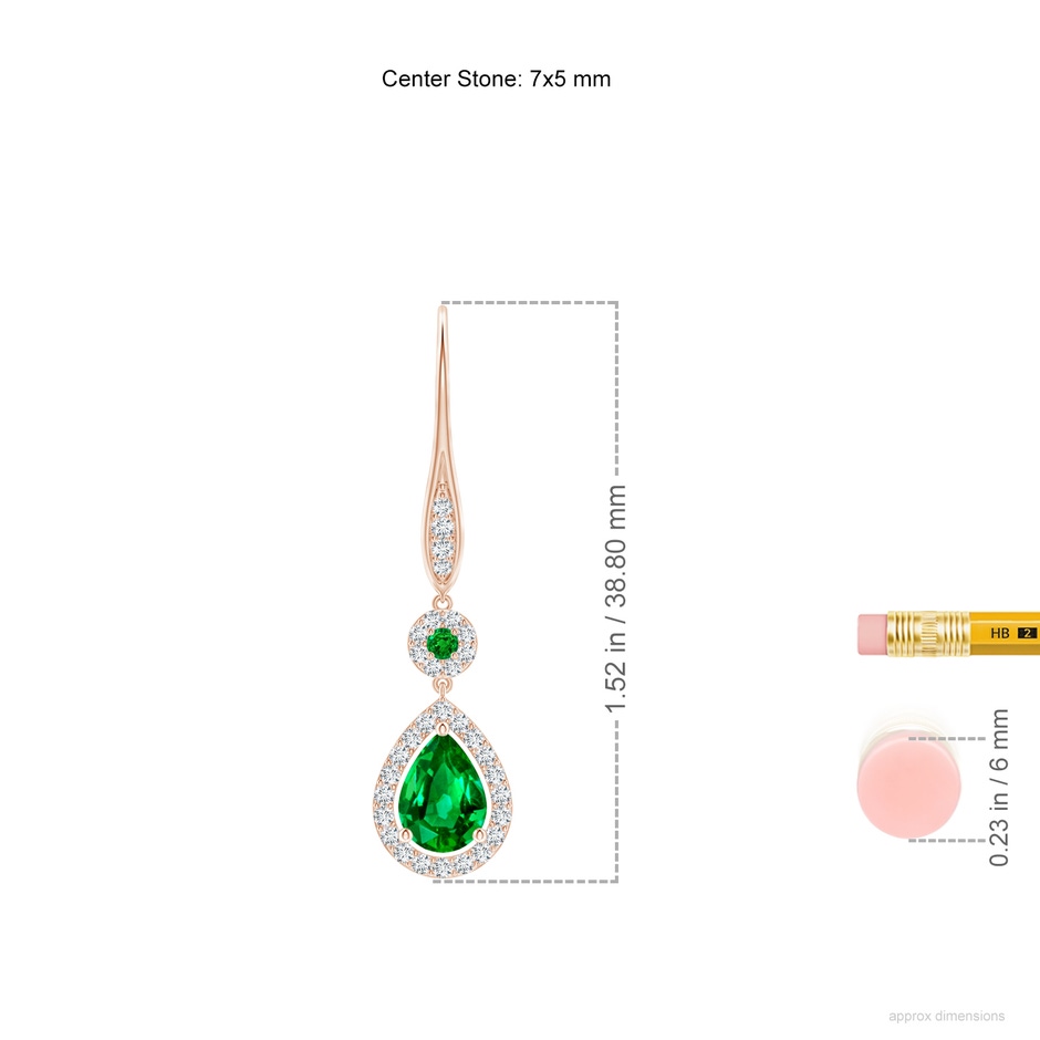 7x5mm AAAA Round and Pear Emerald Halo Leverback Earrings in 18K Rose Gold ruler