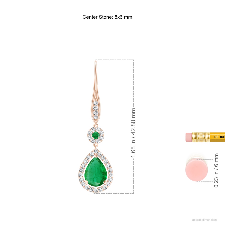 8x6mm AA Round and Pear Emerald Halo Leverback Earrings in Rose Gold ruler